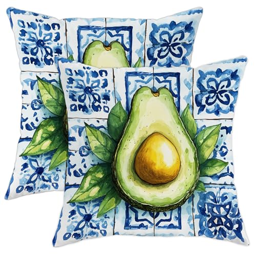 Juego de 2 fundas de coj&iacute;n de aguacate, fundas de coj&iacute;n de frutas de acuarela verde, decoraci&oacute;n...