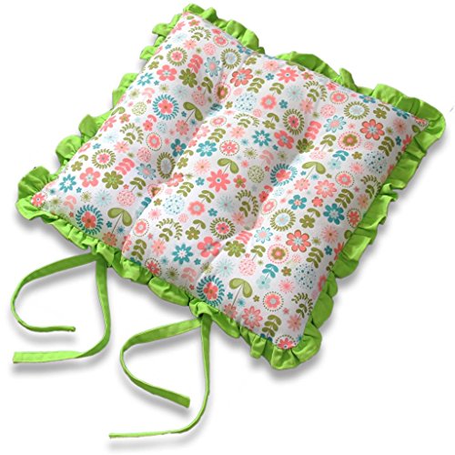 HOMESCAPES Coj&iacute;n 100% algod&oacute;n con Tiras y Volantes para Silla, Doble dise&ntilde;o - Flores Retro, Verde...