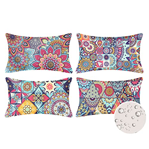 Juego de 4 Fundas de Almohada de Lino Impermeables para Exteriores 30 cm x 50 cm Hippie Lumbares...