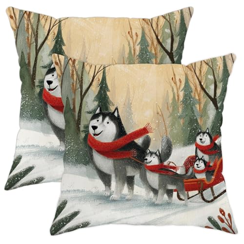 Juego de 2 fundas de coj&iacute;n de invierno, dise&ntilde;o de perros Husky en bufandas rojas, fundas de coj&iacute;n...