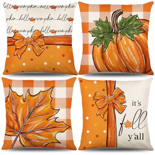 Bigqin 4 Piezas Oto&ntilde;o Fundas Cojines 45x45cm/18 * 18', Funda Cojin Hoja de Arce Decoraci&oacute;n Naranja...