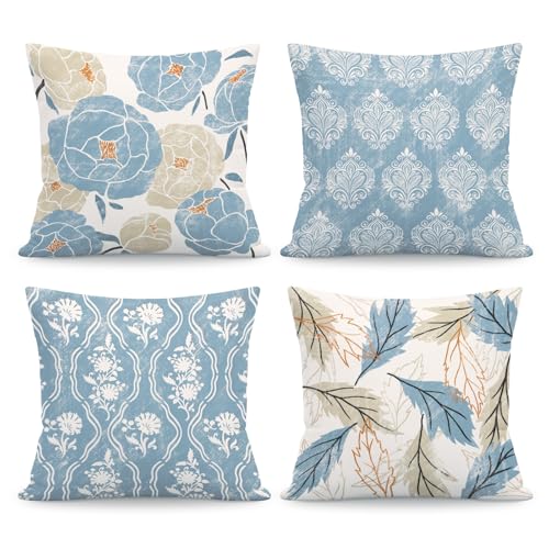 NymphFable Juego de 4 Fundas de Coj&iacute;n Vintage Flores Azul Blanco 45 x 45 cm, Estampado Bot&aacute;nico...