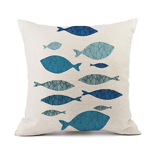 Cojines Sofa 45x45 Peces Azules Y Verdes - Lino de Algod&oacute;n Con Cremallera Invisible - Funda Moderna...