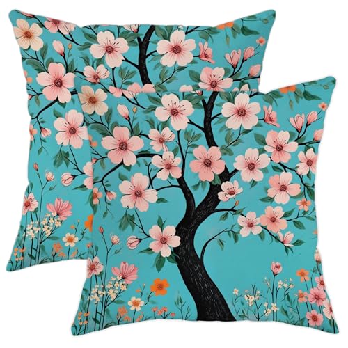 Juego de 2 fundas de coj&iacute;n de flores de cerezo, hojas de &aacute;rbol de primavera, turquesa, terciopelo...