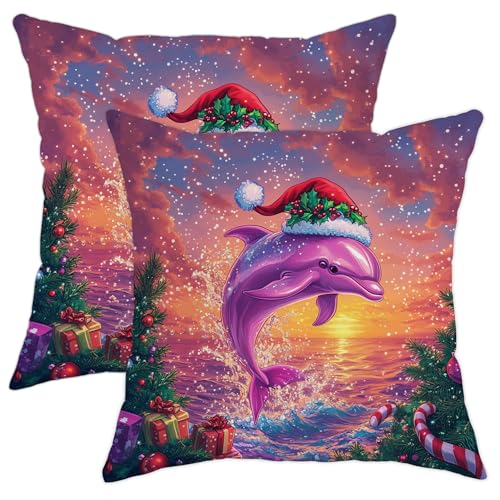 Fundas de almohada de delf&iacute;n de Navidad, funda de coj&iacute;n de delf&iacute;n violeta, decoraci&oacute;n festiva de...