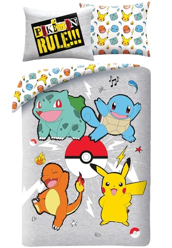 Juego de cama Pokemon Rules, funda n&oacute;rdica de 140 x 200 cm + funda de almohada, con Pikachu,...