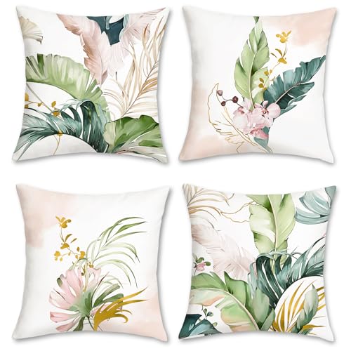Bonhause Fundas de Coj&iacute;n Hojas Verde y Rosa 45 x 45 cm Funda de Almohada Hojas Tropicales...