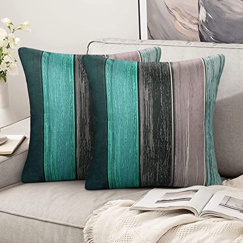 Funda Cojin 50x50 cm Turquesa Lino Algodón Decorativa Moderna Madera a Rayas Retro para Salón Cama...