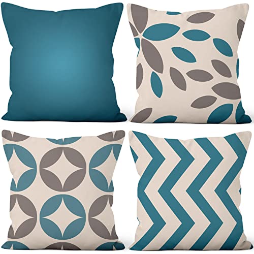 Aoihrraan Fundas de Cojines Juego de 4, Geometr&iacute;a Minimalista De Cian Oscuro Y Gris Cuadrado Corto...