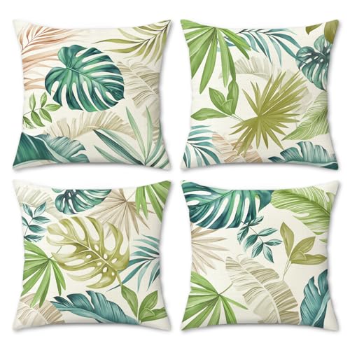 COZZSNUGE Fundas Cojines Hojas Tropicales 45x45 cm, Juego de 4 Hoja de Palma Verde Amarilla...