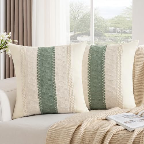 DakTou Funda Cojin 40x40 Boho Funda de Almohada Decorativa Verde Salvia Textura Tejida Fundas...