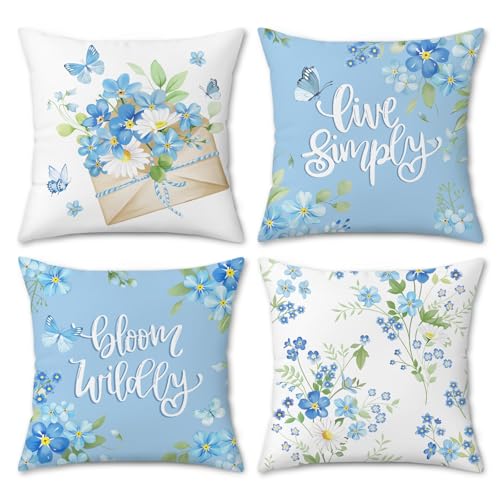 COZZSNUGE Fundas Cojines Flores Azul 45x45 cm, Juego de 4 Flor Margarita Mariposa Primavera...
