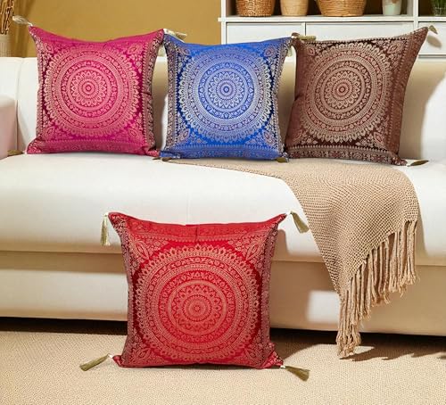 Juego de 4 fundas de almohada bohemias (16 x 16 pulgadas) &ndash; Cojines decorativos &eacute;tnicos de seda...