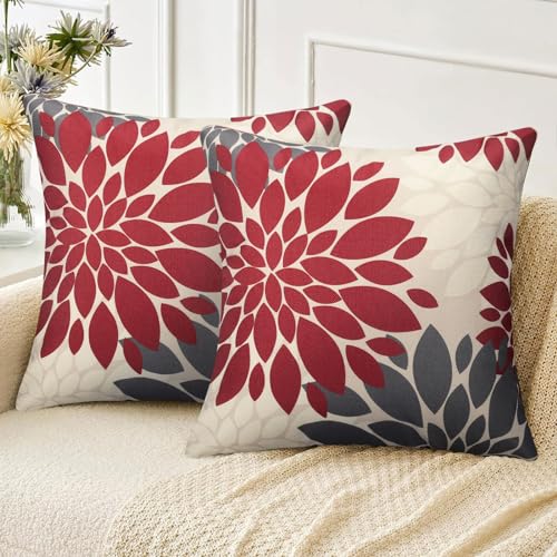 Velvhom Funda de Almohada 50x50cm Rojo y Gris Flores de Dalia Fundas Cojines Modernas Decorativas...