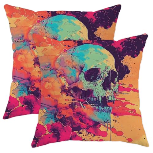 Juego de 2 fundas de almohada de calavera g&oacute;tica, fundas de coj&iacute;n decorativas de color ne&oacute;n,...
