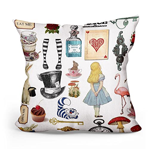Divertida funda de almohada de lino con dise&ntilde;o de Alicia en el pa&iacute;s de las maravillas, para...