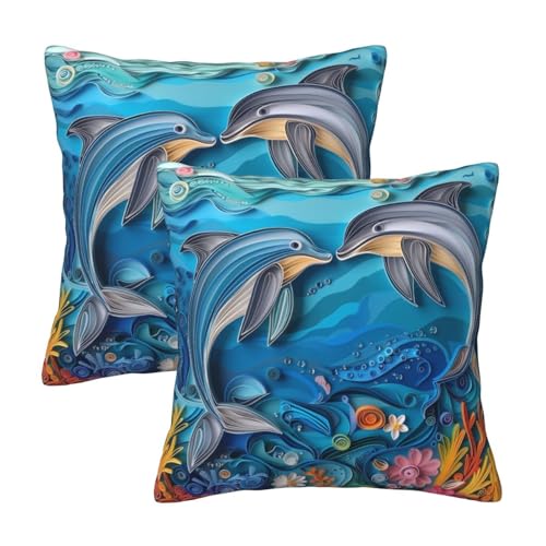 HOSTECCO Juego de 2 fundas de coj&iacute;n con dise&ntilde;o de delf&iacute;n, 45 x 45 cm, fundas de coj&iacute;n...