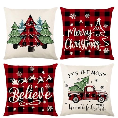 FengRise Juego de 4 Funda Cojin Navidad, 45 x 45cm Funda Cojines Navidad Rojas y Blancas, Lino...