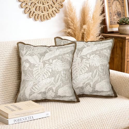 Joymaison Fundas Cojines 45x45 Juego de 2 Funda de Almohada Marr&oacute;n Hojas Tropicales Verano Cojines...