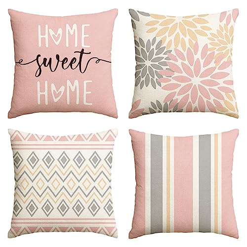 Artoid Mode Juego de 4 fundas de almohada rosa Dahlia Home Sweet Home para primavera, fundas de...