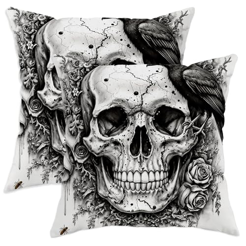 Juego de 2 fundas de coj&iacute;n con dise&ntilde;o de calavera, estilo g&oacute;tico, vintage, con dise&ntilde;o de cuervo...