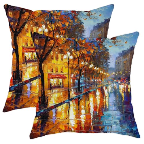 Juego de 2 fundas de coj&iacute;n decorativas de paisaje urbano oto&ntilde;al, con pintura al &oacute;leo colorida,...