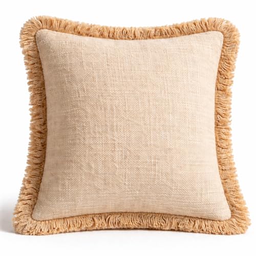 PLENA HOME Funda de Coj&iacute;n Boho Beige 45x45 cm de Algod&oacute;n con Flecos &ndash; Estilo Mediterr&aacute;neo...