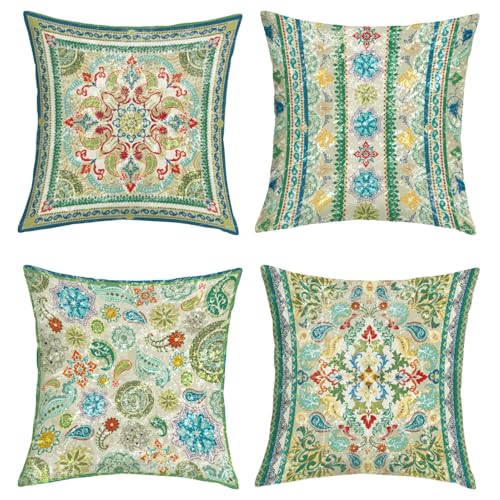 Joymaison Fundas Cojines 45x45 Juego de 4 Funda de Almohada Bohemio Verde Florales Cojines Fundas...