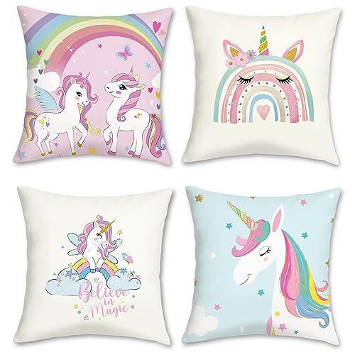 Bonhause Fundas de Cojín Unicornio 45 x 45 cm Funda de Almohada Arcoiris Azul Rosa Terciopelo Suave...