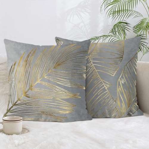 Bonhause Fundas de Coj&iacute;n Hojas Estampado de Oro 45 x 45 cm Terciopelo Suave Funda de Almohada Gris...