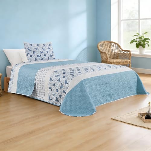 DALINA Colcha Bouti Estampada Paisley Cama 105 (200x265 cm), Cubre Cama Reversible Azul y Blanco con...