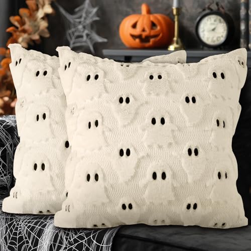 Lanpn Juego de 2 Fantasma Fundas Cojin Halloween 40x40 cm, Fantasma de Dos Ojos Decorativos Fundas...