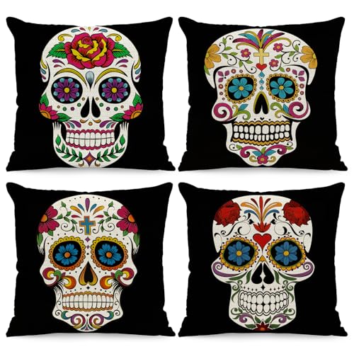 BREASOME Fundas Cojines 45x45 cm, Juego de 4 Fundas de Cojin Patr&oacute;n de Calaveras Fundas de Almohada...