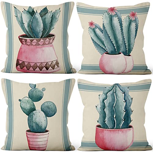 Aoihrraan 46x46cm Juego De 4 Fundas De Cojin Agua Azul Dibujo Cactus Moderno Cuadrado Lino...