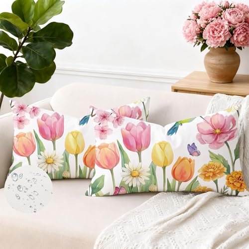 Brylleii Juego de 2 Funda de Coj&iacute;n Exterior Impermeable 50x30 Lino Floral Fundas de Almohada...