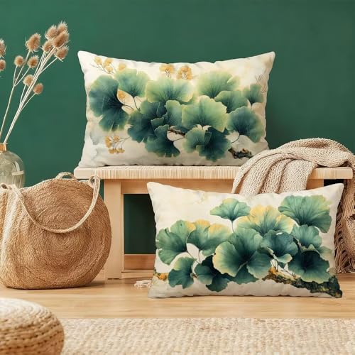 Funda Almohada 25x45cm ,Verde Funda Cojin Rectangular Pack 2,Fundas Almohadas Hoja Patr&oacute;n Doble...