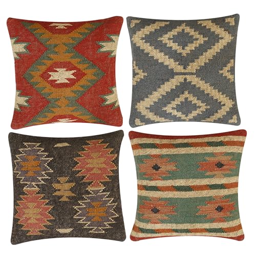 INDACORIFY, Juego de 4 Uds. De Funda de coj&iacute;n Kilim de Yute de Lana, Funda de Almohada turca Tejida...