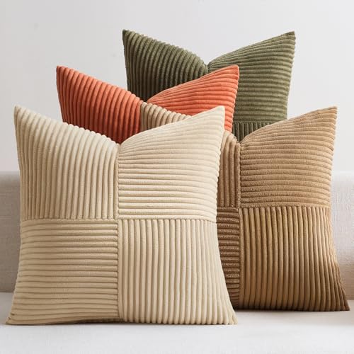 EMEMA Juego de 4 fundas de coj&iacute;n de pana con dise&ntilde;o de patchwork, 50 x 50 cm, fundas de coj&iacute;n...