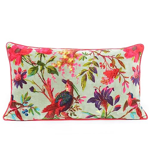 Eyes of India Funda de coj&iacute;n de terciopelo colorido con flores y p&aacute;jaros, funda de coj&iacute;n para...
