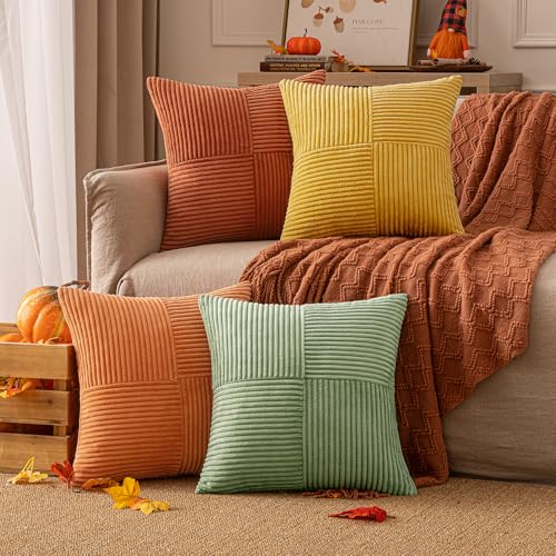 EMEMA Juego de 4 fundas de cojín de pana para otoño, patchwork, 40 x 40 cm, decorativas para sofá...