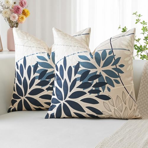 Artscope Juego de 2 Flores Azul Oscuro Blanco Fundas de Cojines Decorativo 45 x 45 cm Primavera...