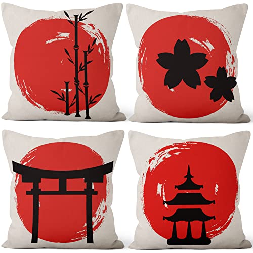Aoihrraan 46x46cm Juego De 4 Fundas De Cojin Negro Edificios Flor De Cerezo Rojo Cuadrado Lino...