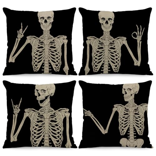 BREASOME Fundas Cojines 45x45 cm, Juego de 4 Fundas de Cojin Patr&oacute;n de Calaveras Divertidas Fundas...