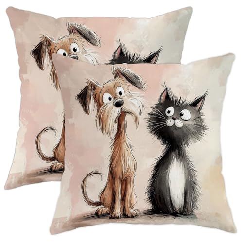 Juego de 2 fundas de coj&iacute;n decorativas con dise&ntilde;o de perro y gato, dise&ntilde;o de amigos de animales...