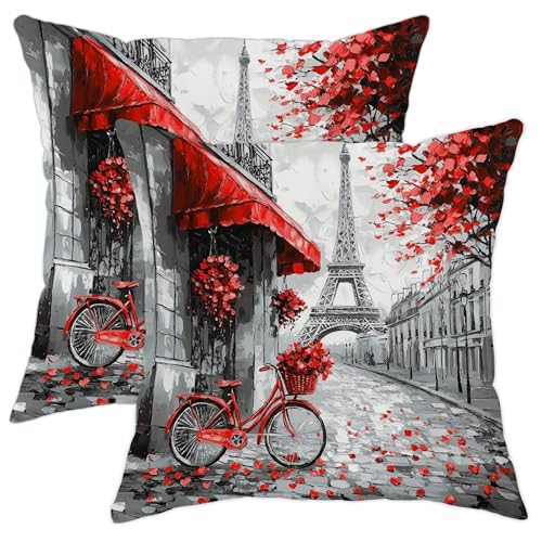 Juego de 2 fundas de almohada de la Torre Eiffel, bicicletas rojas y fundas de almohada con...