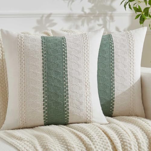 Fundas Cojines 45x45 Verde Salvia Boho Moderno Decorativa Funda de Cojin Bohemio Suave Algodón Lino...