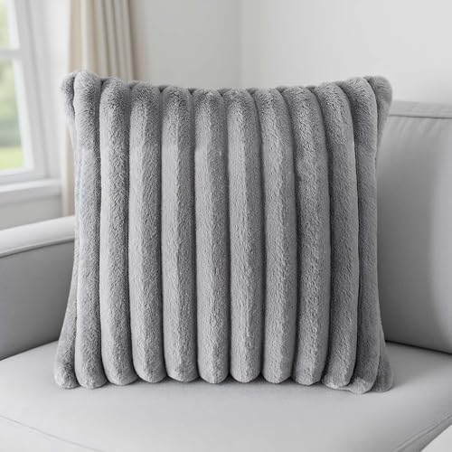 Marjoramy Fundas Cojines, 45 X 45 cm Fundas de Coj&iacute;n de Pana a Rayas,Fur Imitado Felpa Suave Pelo...