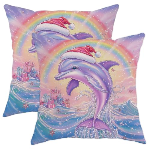 Fundas de coj&iacute;n de Navidad con delf&iacute;n, funda de coj&iacute;n de delf&iacute;n violeta, decoraci&oacute;n de Navidad,...