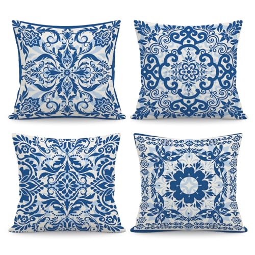 NymphFable Juego de 4 Fundas de Coj&iacute;n Chinoiserie Azul Blanco 45 x 45 cm, Porcelana Flores...