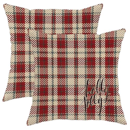 Holly Jolly - Fundas de coj&iacute;n a cuadros rojos y crema, decoraci&oacute;n navide&ntilde;a para el hogar, sof&aacute;,...